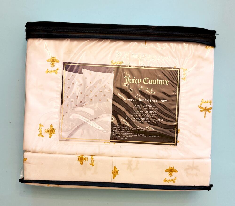NIP Juicy Couture Home Queen Sheet Set Gold Bee Logo Ivory 4 Piece
